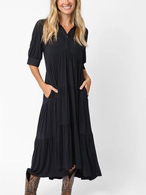NATURAL LIFE Black Tiered Maxi Rebecca "ButterSoft" Midi Dress - Black